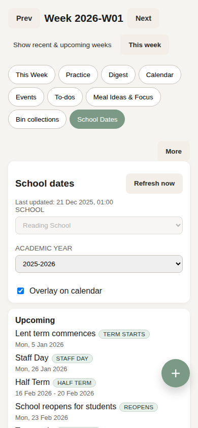 School dates screen